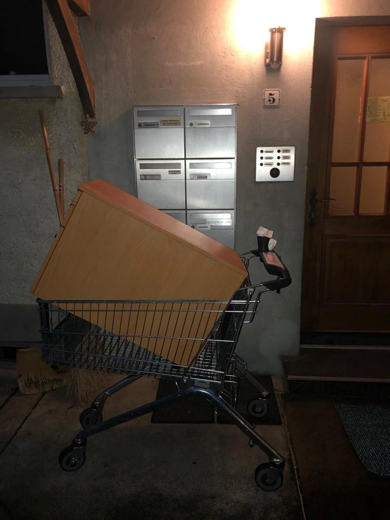 Einkaufswagen mit Möbelpaket vor der Haustür.